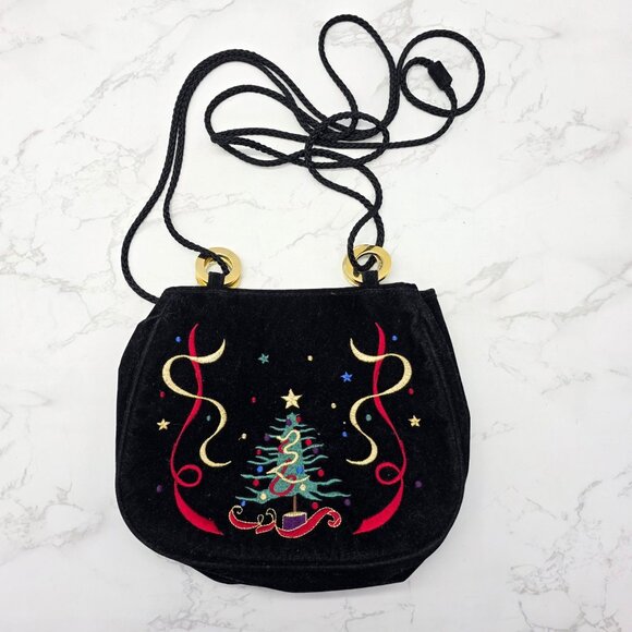 Bags By Marlo Women's Crossbody Holiday Tree Embroidered Black Velvet Small - Picture 1 of 10